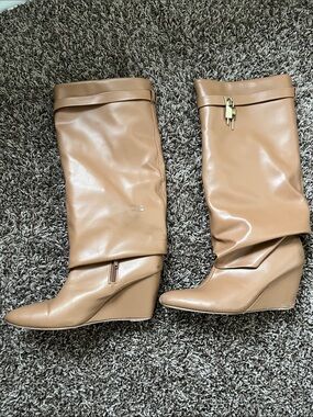 Women’s Tan Wedge Knee-High Boots - Classic Stylish Design